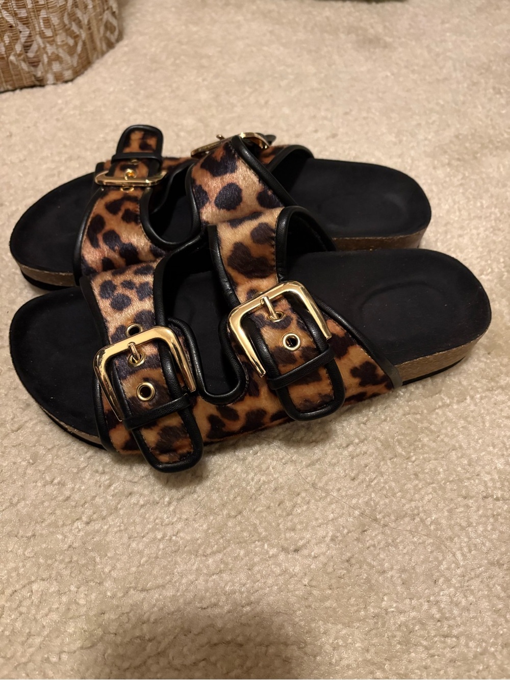 H&M Leopard Print Buckle Slide Sandals with Gold Hardware